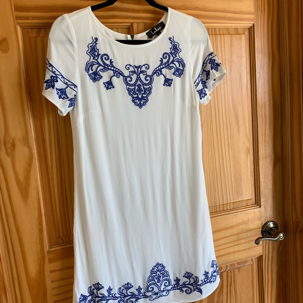 Lulu's white Dress with Navy Embroidery
